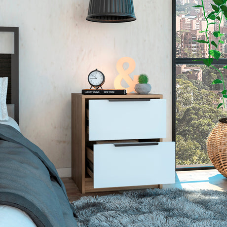Mesa de Noche Kaia Miel y Blanco 41x48cm con Dos Cajones - MESAS DE NOCHE | Bylmo