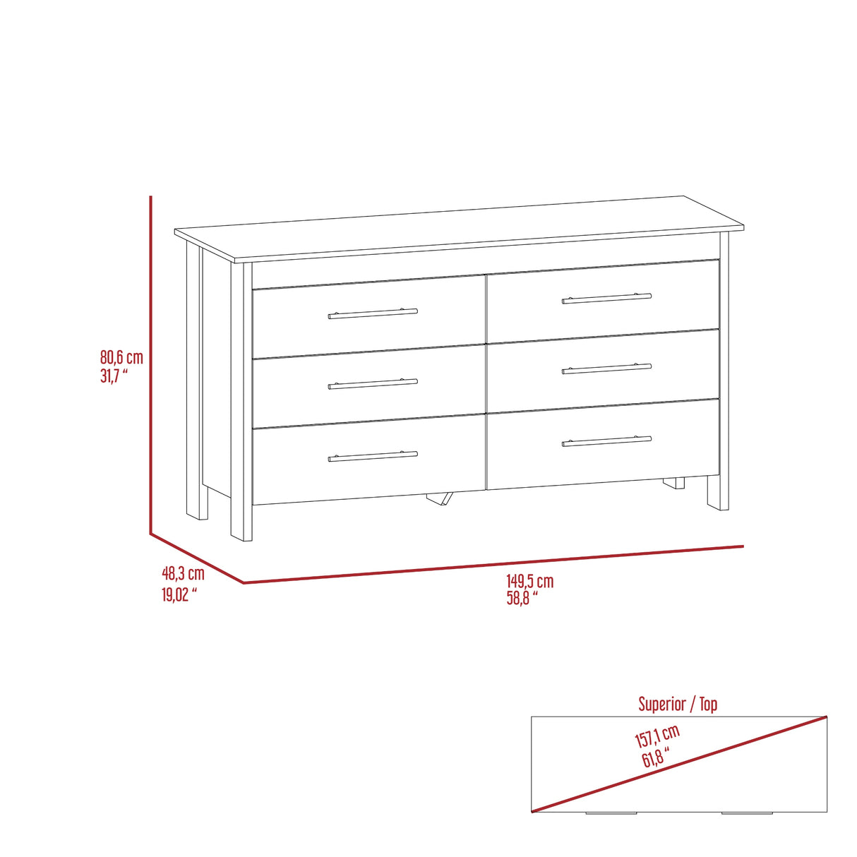 Cajonera HMS Duna y Wengue 149.5x80.6cm con Seis Cajones - CAJONERAS Y COMODAS | Bylmo