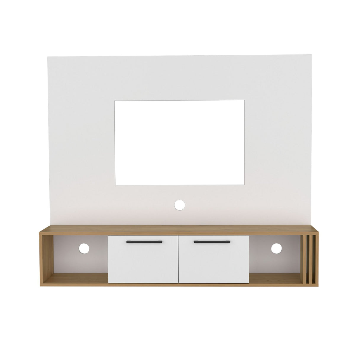 Panel de TV Flotante Vance Blanco y Fresno Europeo 142.6x120cm Para TV Hasta 60 Pulgadas con Ranuras para Cables - MUEBLES DE TV | Bylmo
