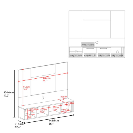 Panel de TV Flotante Vance Blanco y Fresno Europeo 142.6x120cm Para TV Hasta 60 Pulgadas con Ranuras para Cables - MUEBLES DE TV | Bylmo