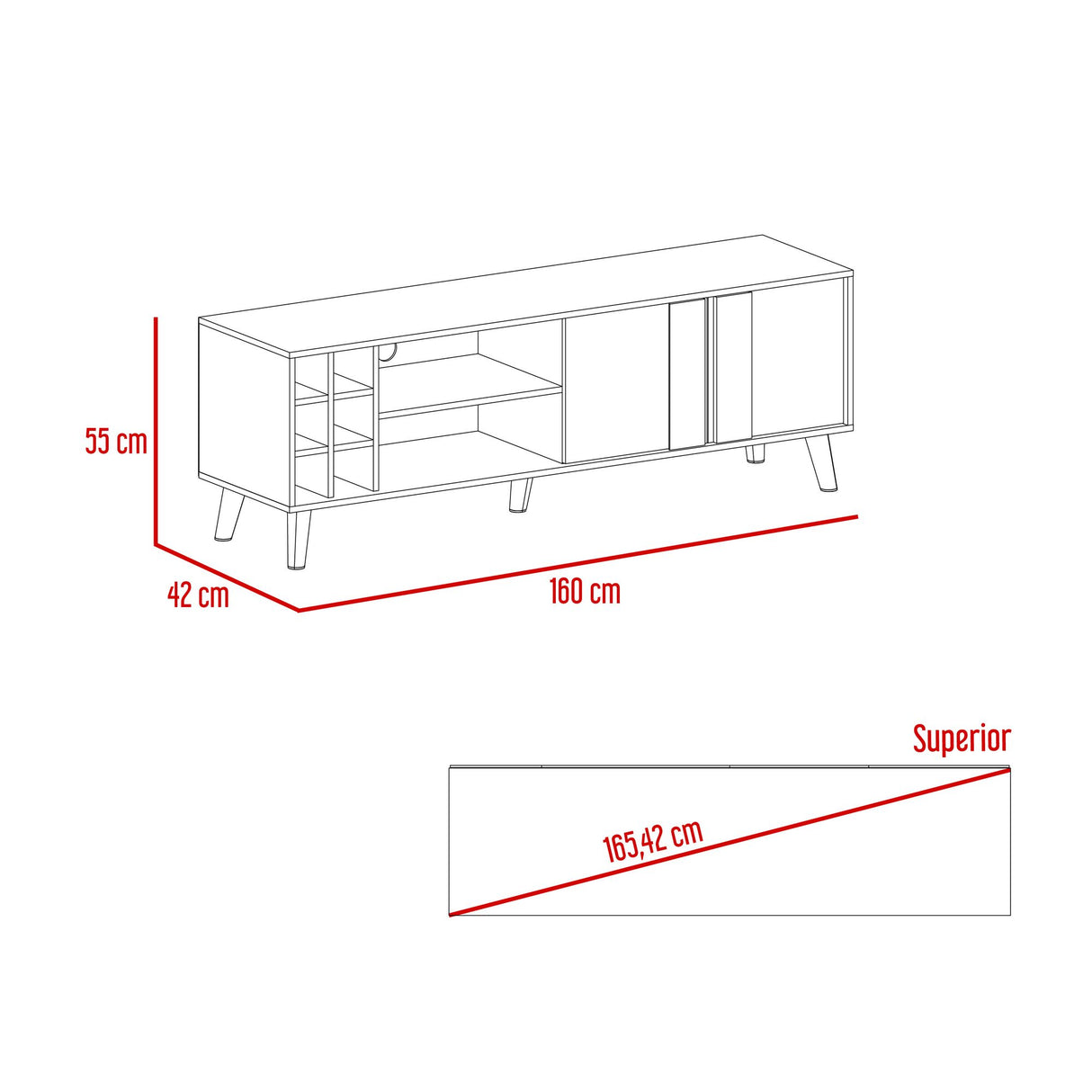 Rack de TV Lane Milan y Capri 160x55cm Para TV Hasta 65 Pulgadas con Ranuras para Cables - MUEBLES DE TV | Bylmo