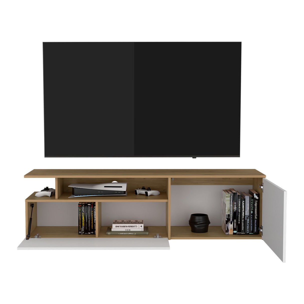 Rack de TV Selma Fresno Europeo y Blanco 161x44.1cm Para TV Hasta 70 Pulgadas con Ranuras para Cables - MUEBLES DE TV | Bylmo