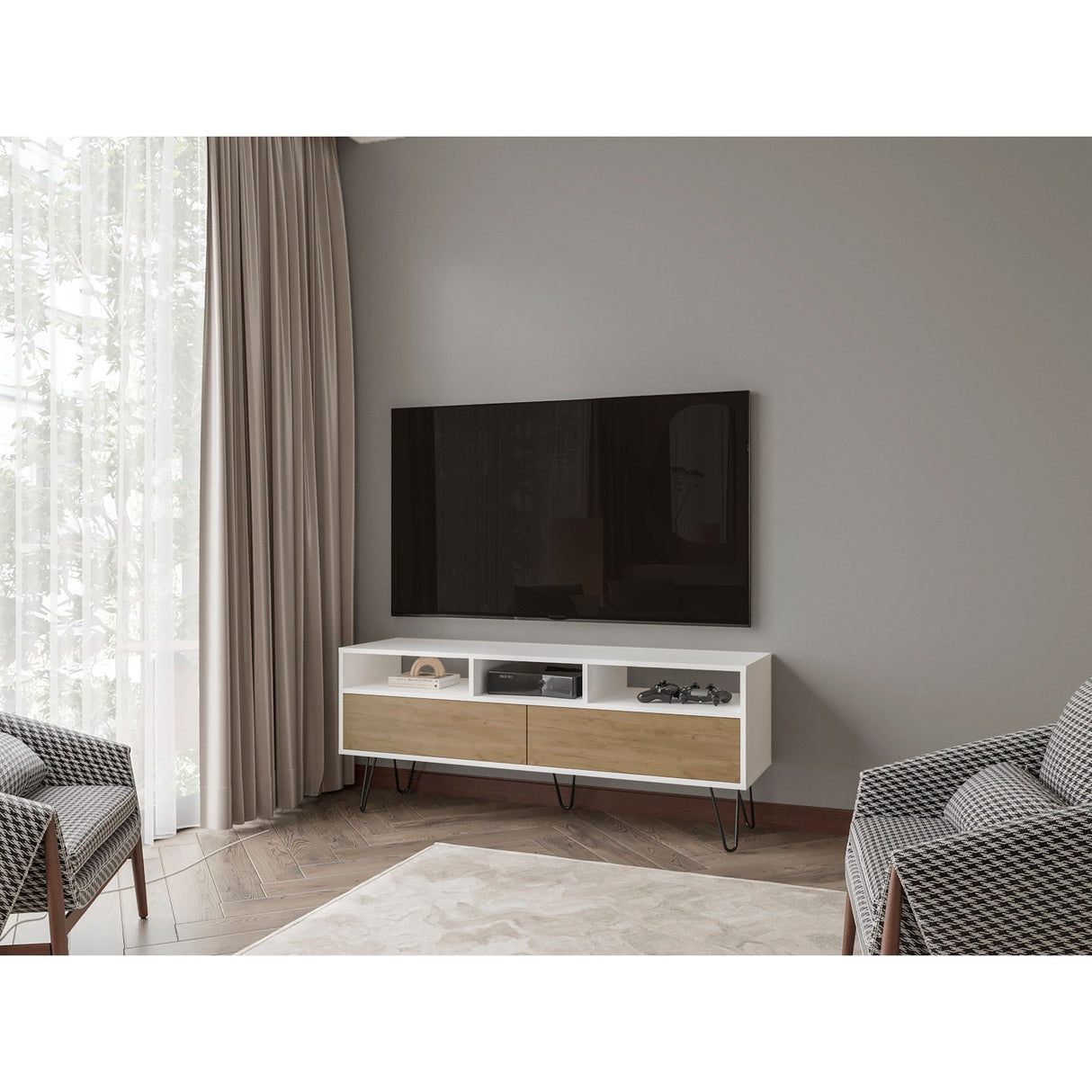 Rack de TV Tori Blanco y Fresno Europeo 137x55.4cm Para TV Hasta 60 Pulgadas - MUEBLES DE TV | Bylmo