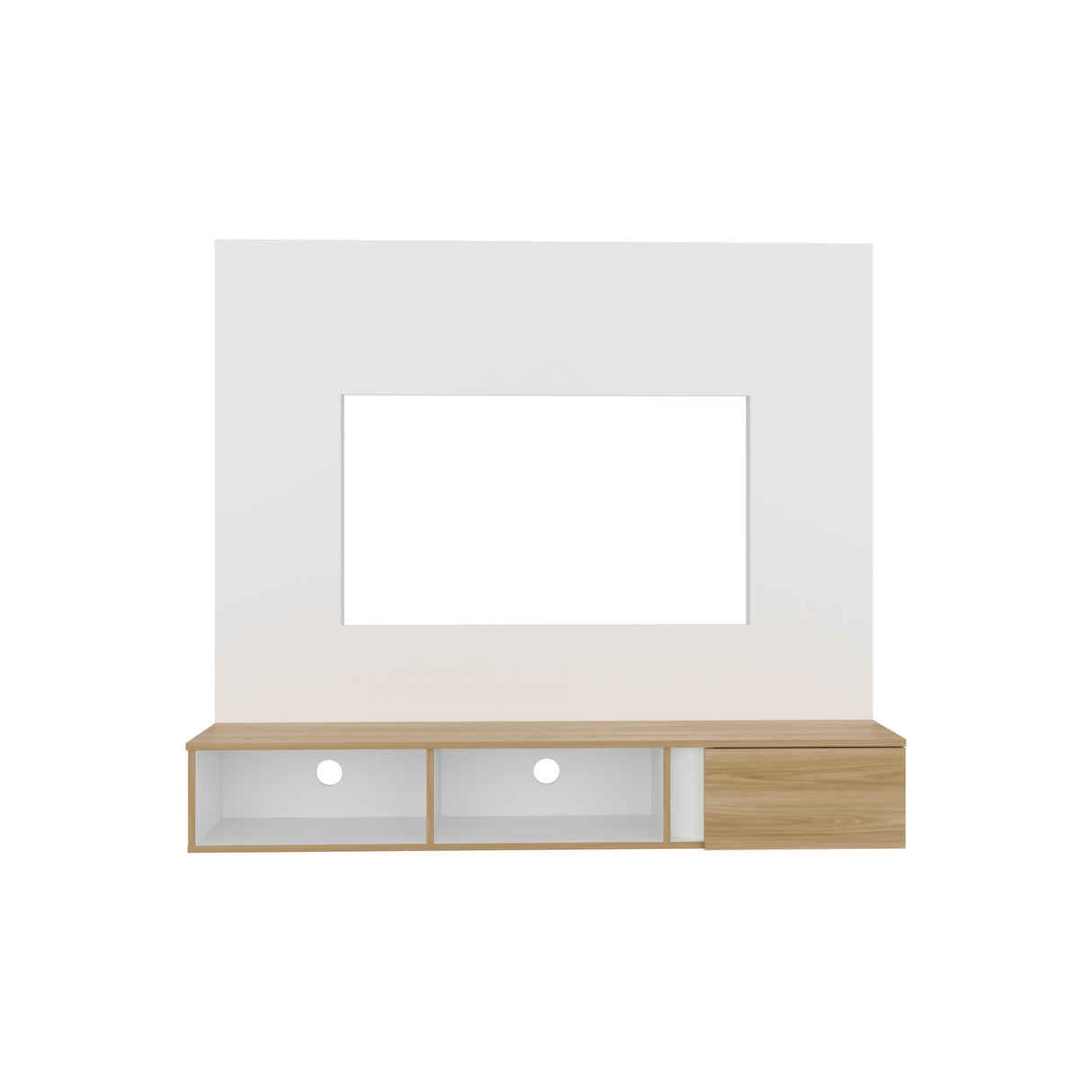Panel de TV Flotante Dassel Blanco y Fresno Europeo 150x132.5cm Para TV Hasta 65 Pulgadas con Ranuras para Cables - MUEBLES DE TV | Bylmo