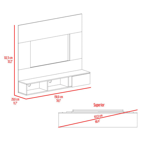 Panel de TV Flotante Dassel Blanco y Fresno Europeo 150x132.5cm Para TV Hasta 65 Pulgadas con Ranuras para Cables - MUEBLES DE TV | Bylmo