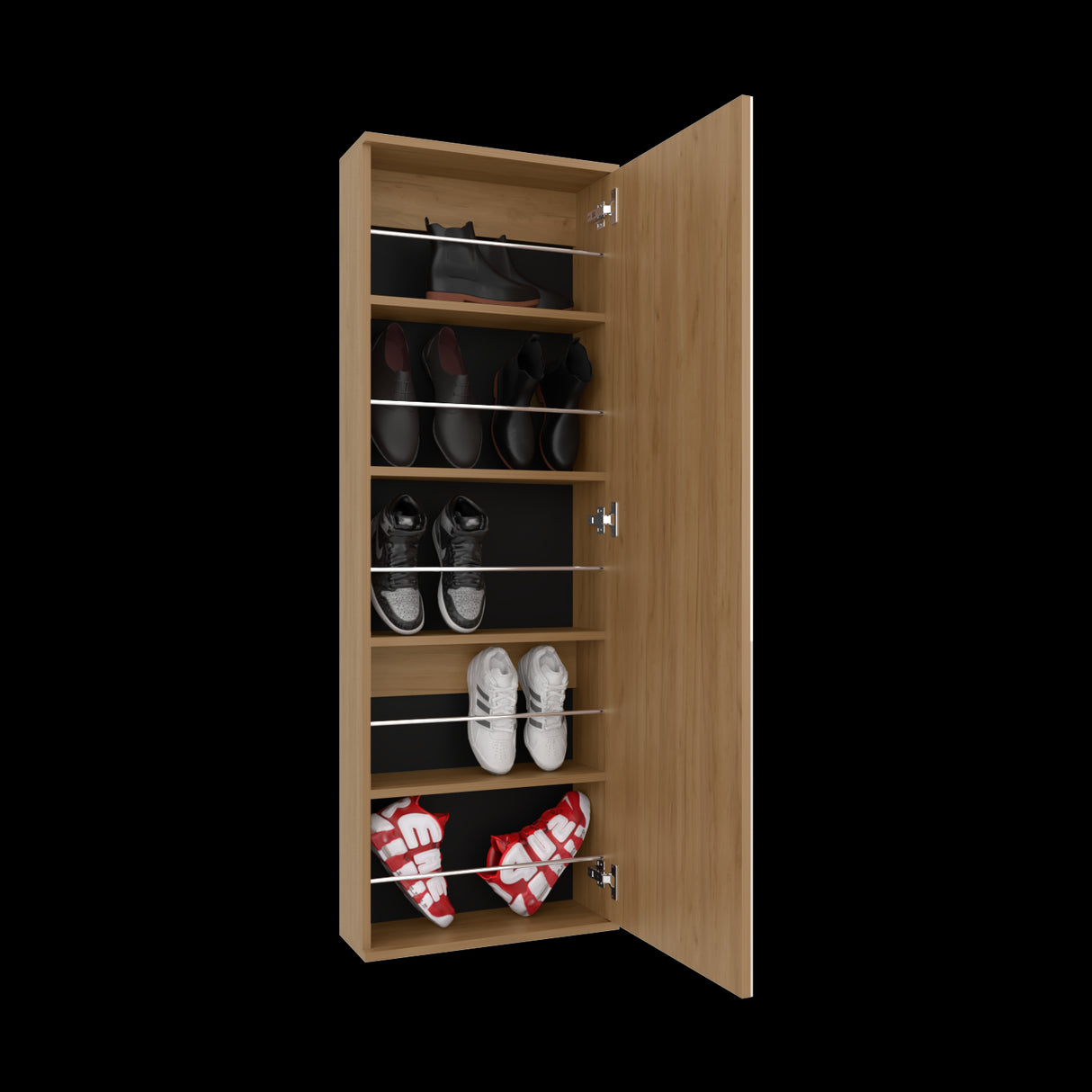 Zapatero de Pared Leto Fresno Europeo 47x138cm Flotante de Cinco Niveles con Espejo - ZAPATEROS | Bylmo