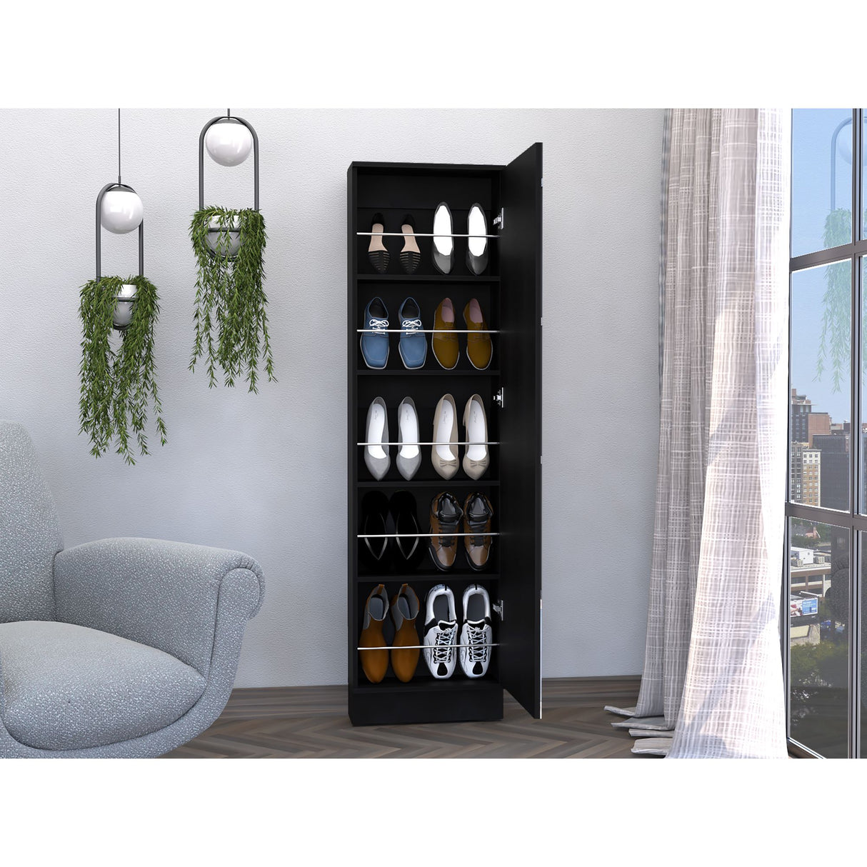 Zapatero de Pared Leto Wengue 47x170cm de Cinco Niveles con Espejo - ZAPATEROS | Bylmo