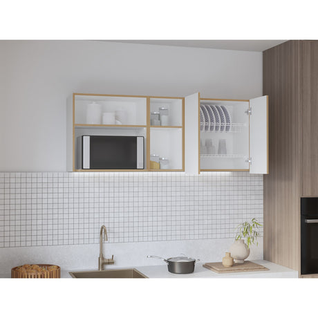 Mueble Superior de Cocina Corinto Blanco y Fresno Europeo 150x62cm con Locero y Espacio para Microondas - MUEBLES SUPERIORES DE COCINA | Bylmo