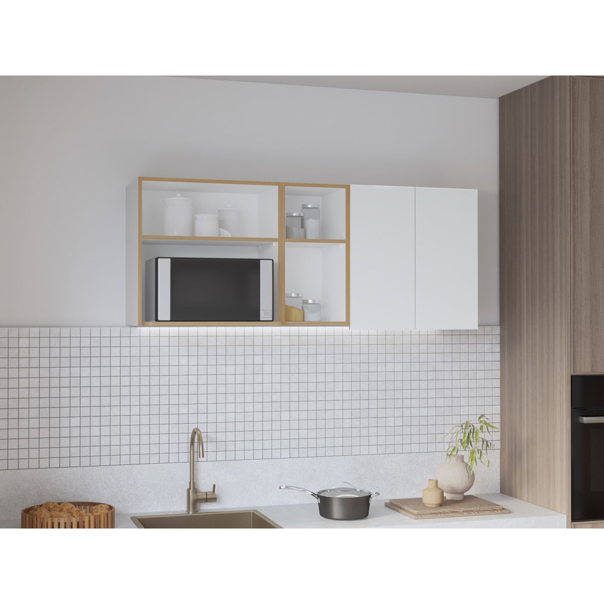 Mueble Superior de Cocina Corinto Blanco y Fresno Europeo 150x62cm con Locero y Espacio para Microondas - MUEBLES SUPERIORES DE COCINA | Bylmo