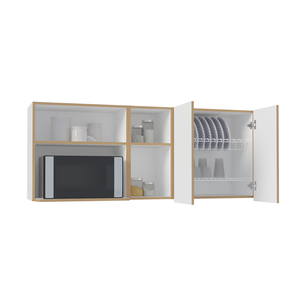 Mueble Superior de Cocina Corinto Blanco y Fresno Europeo 150x62cm con Locero y Espacio para Microondas - MUEBLES SUPERIORES DE COCINA | Bylmo