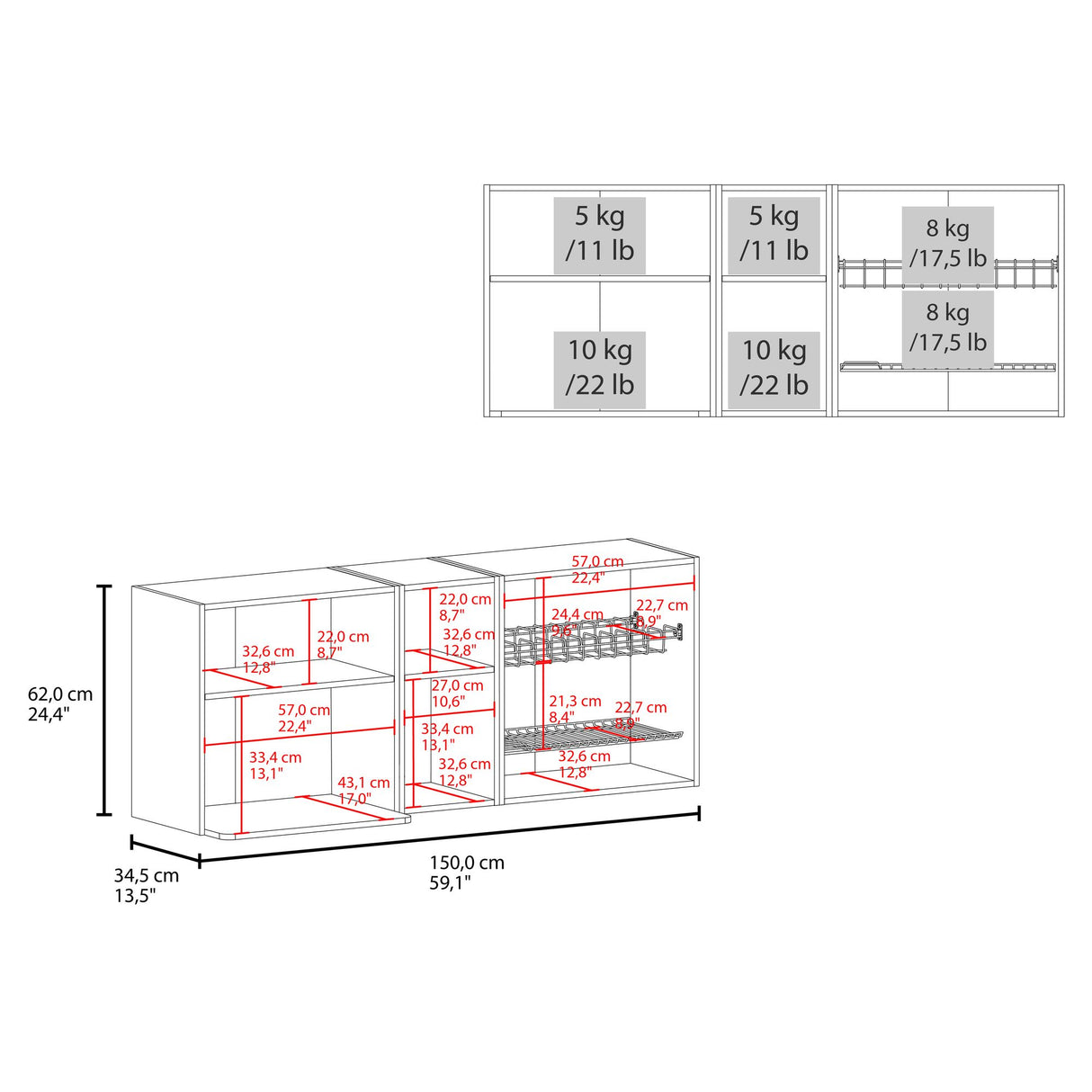 Mueble Superior de Cocina Corinto Blanco y Fresno Europeo 150x62cm con Locero y Espacio para Microondas - MUEBLES SUPERIORES DE COCINA | Bylmo