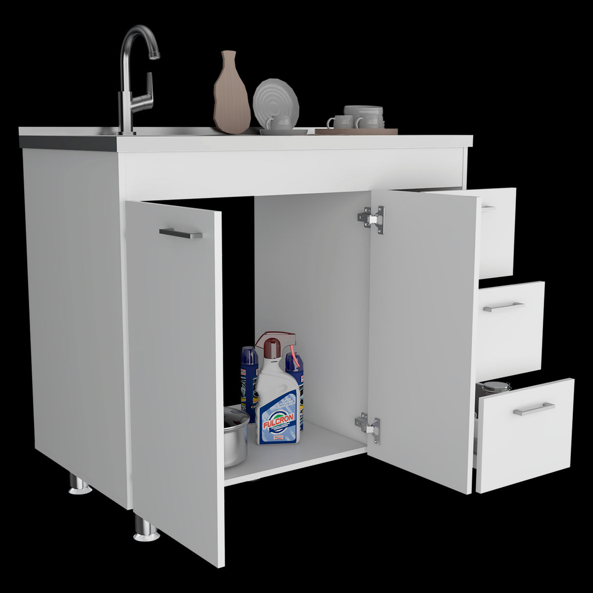 Mueble Inferior de Cocina Ferreti Blanco 100x90cm Con Mesón de Acero Inoxidable para Lado Izquierdo y sin Estufa - MUEBLES INFERIORES DE COCINA | Bylmo