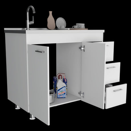 Mueble Inferior de Cocina Ferreti Blanco 100x90cm Con Mesón de Acero Inoxidable para Lado Izquierdo y sin Estufa - MUEBLES INFERIORES DE COCINA | Bylmo