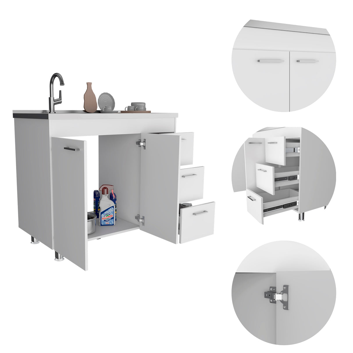 Mueble Inferior de Cocina Ferreti Blanco 100x90cm Con Mesón de Acero Inoxidable para Lado Izquierdo y sin Estufa - MUEBLES INFERIORES DE COCINA | Bylmo