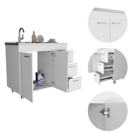 Mueble Inferior de Cocina Ferreti Blanco 100x90cm Con Mesón de Acero Inoxidable para Lado Izquierdo y sin Estufa - MUEBLES INFERIORES DE COCINA | Bylmo