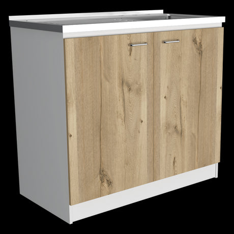 Mueble Inferior de Cocina Napoles Blanco y Duna 100x90cm Con Mesón de Acero Inoxidable para Lado Izquierdo y sin Estufa - MUEBLES INFERIORES DE COCINA | Bylmo