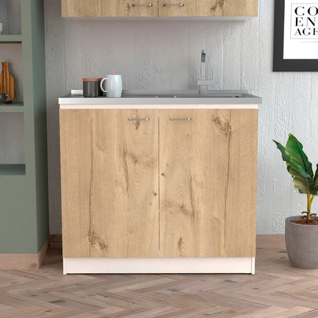 Mueble Inferior de Cocina Napoles Blanco y Duna 100x90cm Con Mesón de Acero Inoxidable para Lado Izquierdo y sin Estufa - MUEBLES INFERIORES DE COCINA | Bylmo