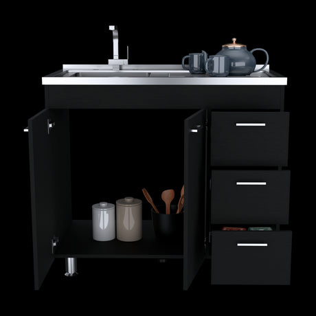 Mueble Inferior de Cocina Ferreti Wengue 100x90cm Con Mesón de Acero Inoxidable para Lado Izquierdo y sin Estufa - MUEBLES INFERIORES DE COCINA | Bylmo