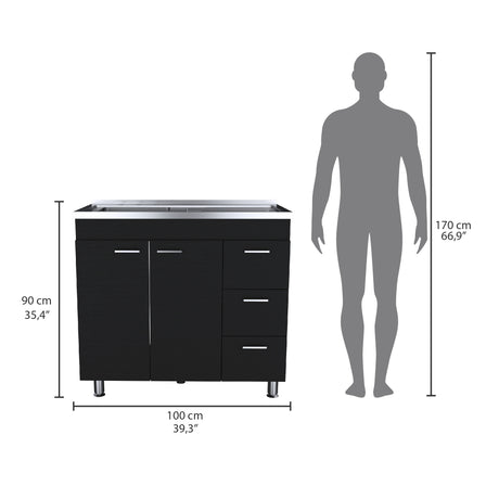 Mueble Inferior de Cocina Ferreti Wengue 100x90cm Con Mesón de Acero Inoxidable para Lado Izquierdo y sin Estufa - MUEBLES INFERIORES DE COCINA | Bylmo
