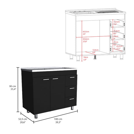 Mueble Inferior de Cocina Ferreti Wengue 100x90cm Con Mesón de Acero Inoxidable para Lado Izquierdo y sin Estufa - MUEBLES INFERIORES DE COCINA | Bylmo