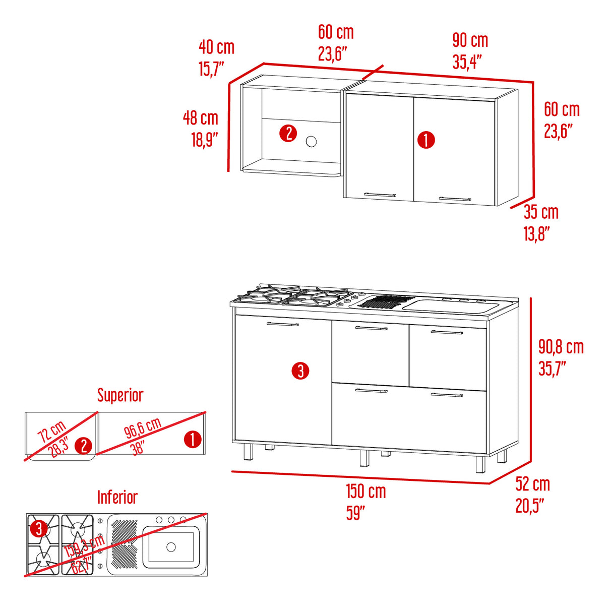 Cocina Pacific Fresno Europeo Y Blanco 150x90cm con Mesón de Acero Inoxidable y sin Pozuelo - COCINAS | Bylmo