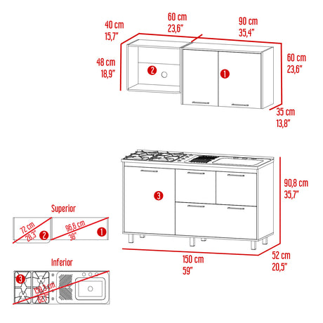 Cocina Pacific Fresno Europeo Y Blanco 150x90cm con Mesón de Acero Inoxidable y sin Pozuelo - COCINAS | Bylmo
