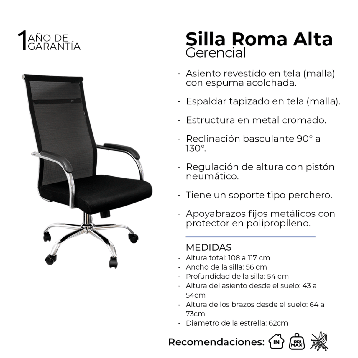 Silla de Oficina Roma Negro 56x52cm Reclinable y Giratoria con Ruedas - SILLAS DE OFICINA | Bylmo