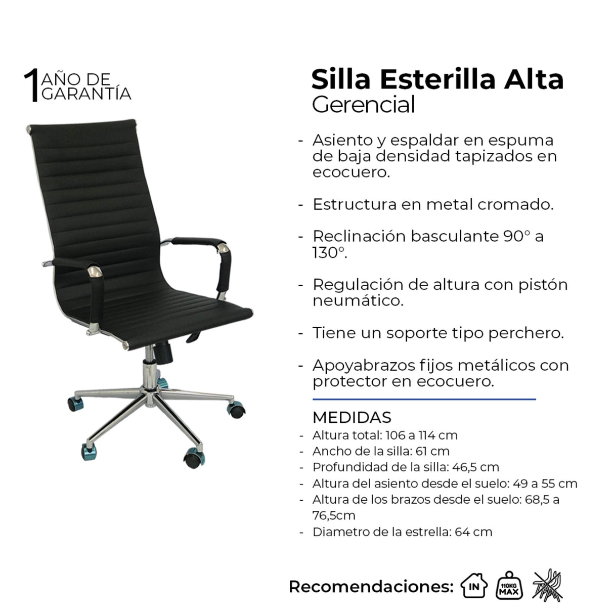 Silla de Oficina Alta Esterilla Negro Cuero PU 61x46.5cm Reclinable y Giratoria con Ruedas - SILLAS DE OFICINA | Bylmo