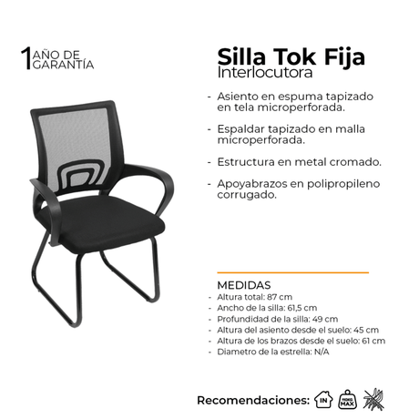 Silla de Oficina Tok Negro 61.5x49cm de Base Fija - SILLAS DE OFICINA | Bylmo