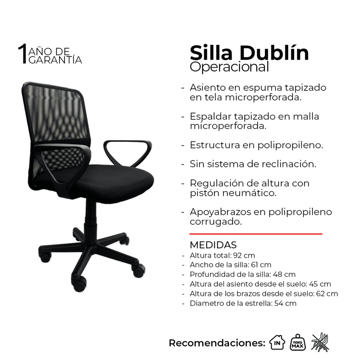 Silla de Oficina Dublin Negro 61x48cm Reclinable y Giratoria con Ruedas - SILLAS DE OFICINA | Bylmo