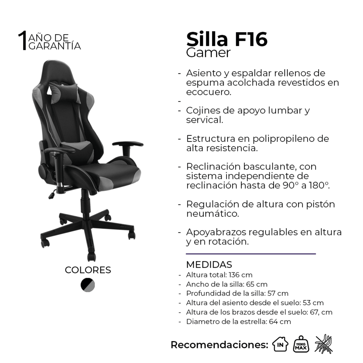 Silla Gamer F16 Gris 65x57cm Reclinable y Giratoria con Ruedas - SILLAS DE OFICINA | Bylmo