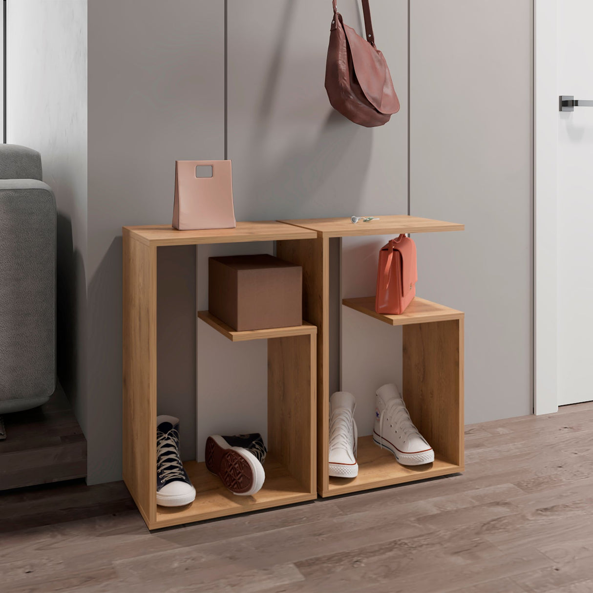 Mesa Auxiliar Rectangular Everett Macadamia y Blanco 40x63cm con Tres Compartimientos - MESAS AUXILIARES | Bylmo