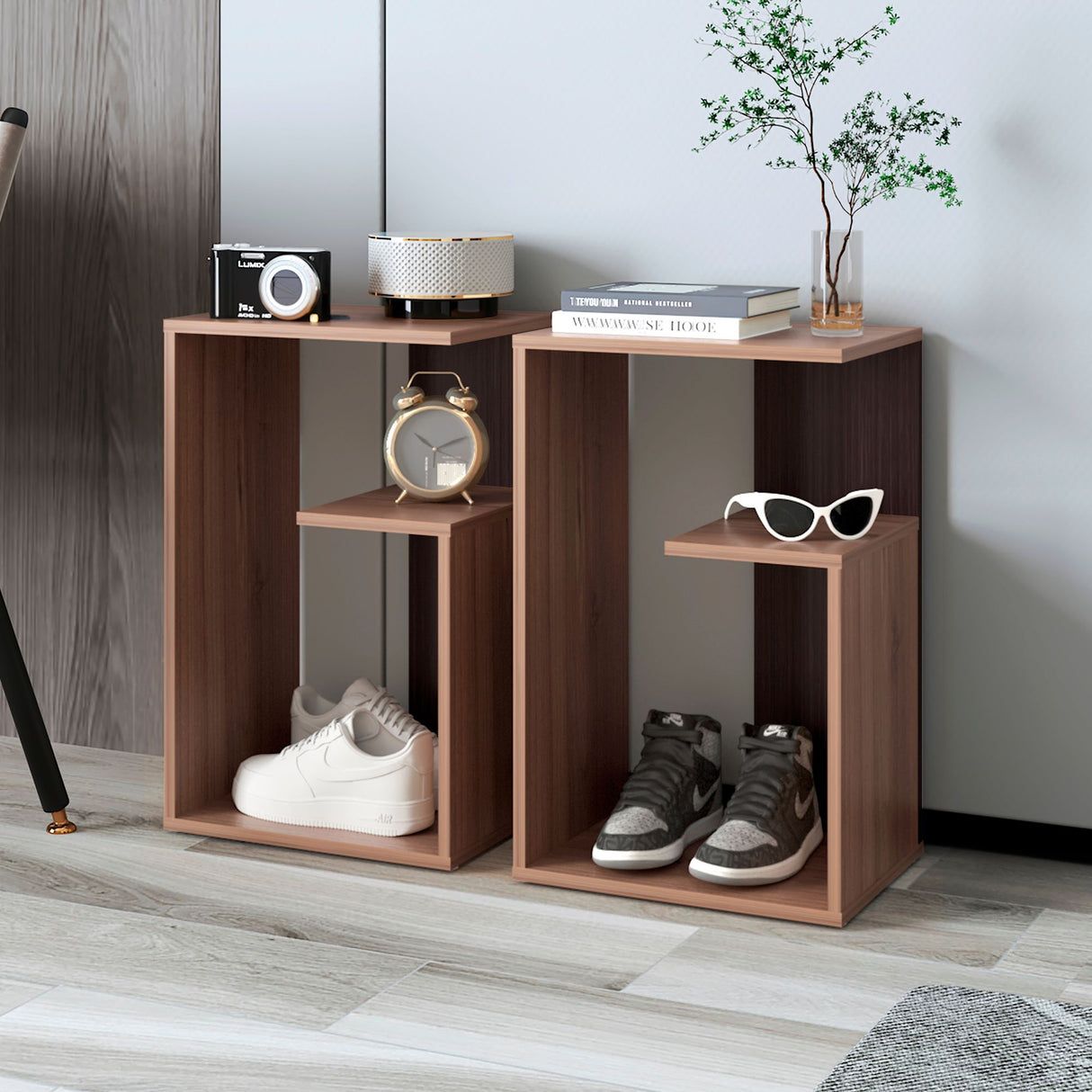 Mesa Auxiliar Rectangular Everett Cafe Expreso y Wengue 40x63cm con Tres Compartimientos - MESAS AUXILIARES | Bylmo