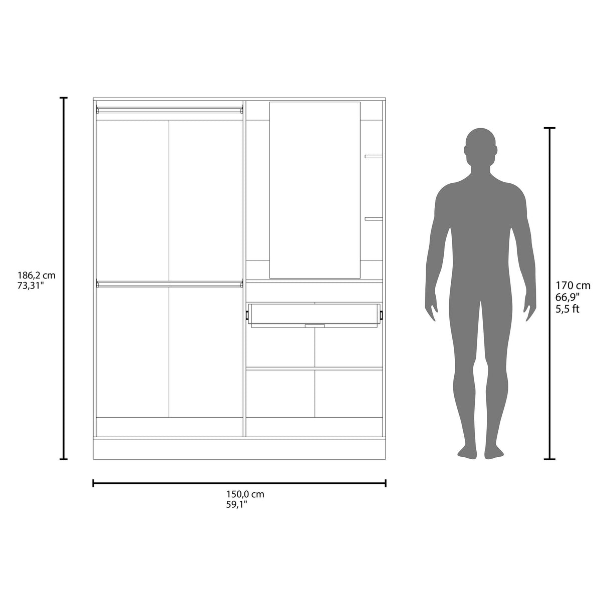 Closet Kamelot Blanco 150x186cm Con Un Cajón Cuatro Compartimientos y con Espejo - CLOSETS | Bylmo