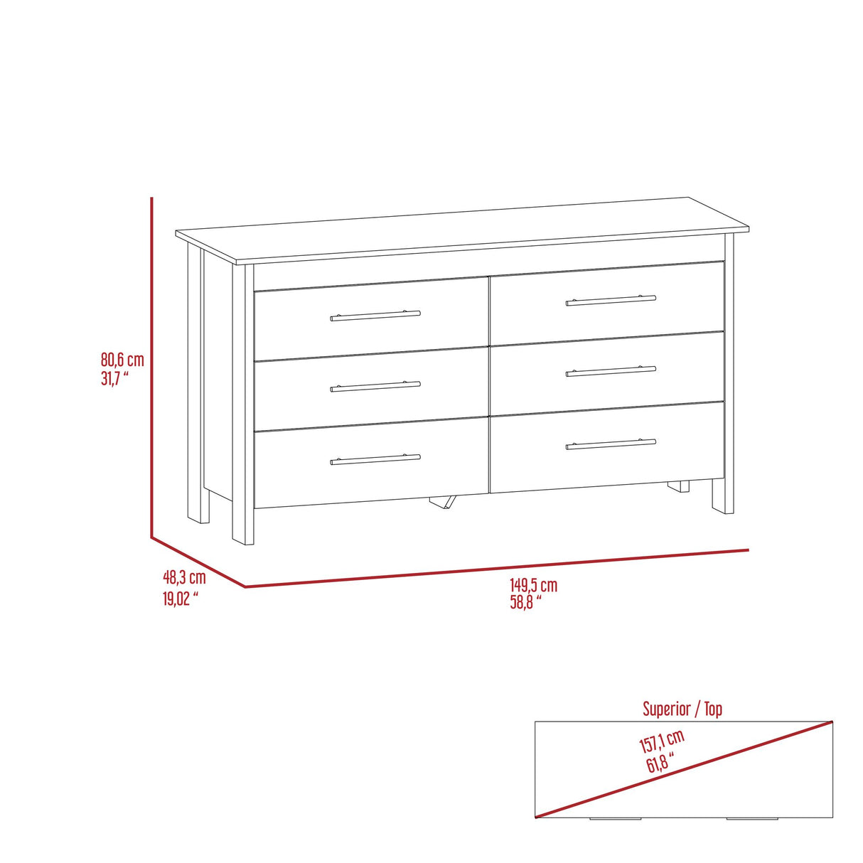Cómoda HMS Blanco 150x81cm de Tres Hileras con Seis Cajones - CAJONERAS Y COMODAS | Bylmo