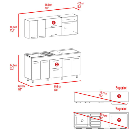 Cocina Barajas Bardolino 180x60cm con Mesón de Acero Inoxidable para Lado Izquierdo y sin Estufa - COCINAS | Bylmo