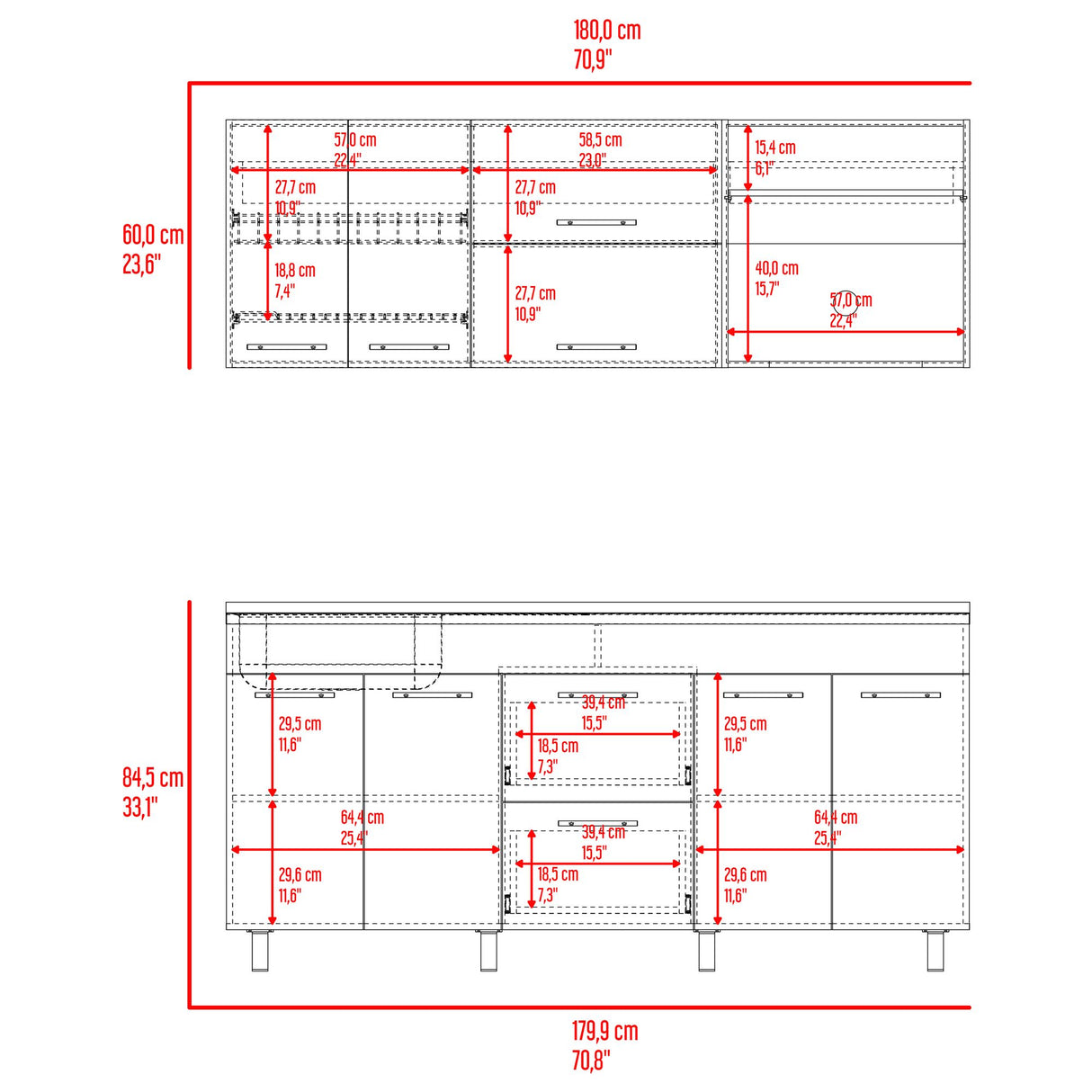 Cocina Barajas Bardolino 180x60cm con Mesón de Acero Inoxidable para Lado Izquierdo y sin Estufa - COCINAS | Bylmo