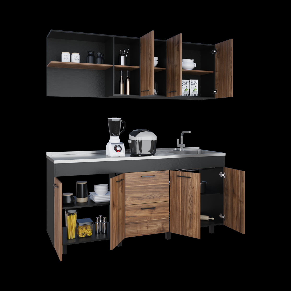 Cocina Balen Wengue 180x60cm con Mesón de Acero Inoxidable para Lado Derecho y sin Estufa - COCINAS | Bylmo