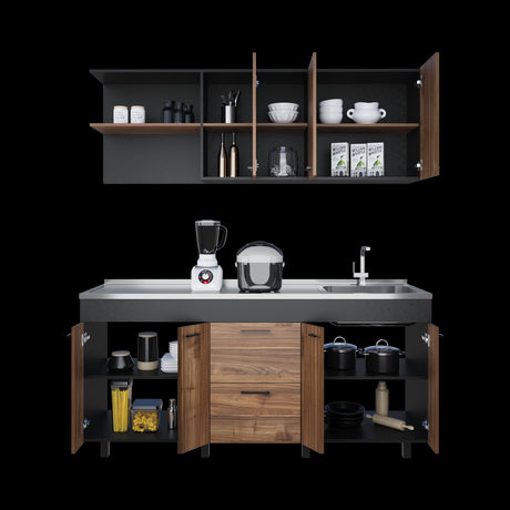 Cocina Balen Wengue 180x60cm con Mesón de Acero Inoxidable para Lado Derecho y sin Estufa - COCINAS | Bylmo