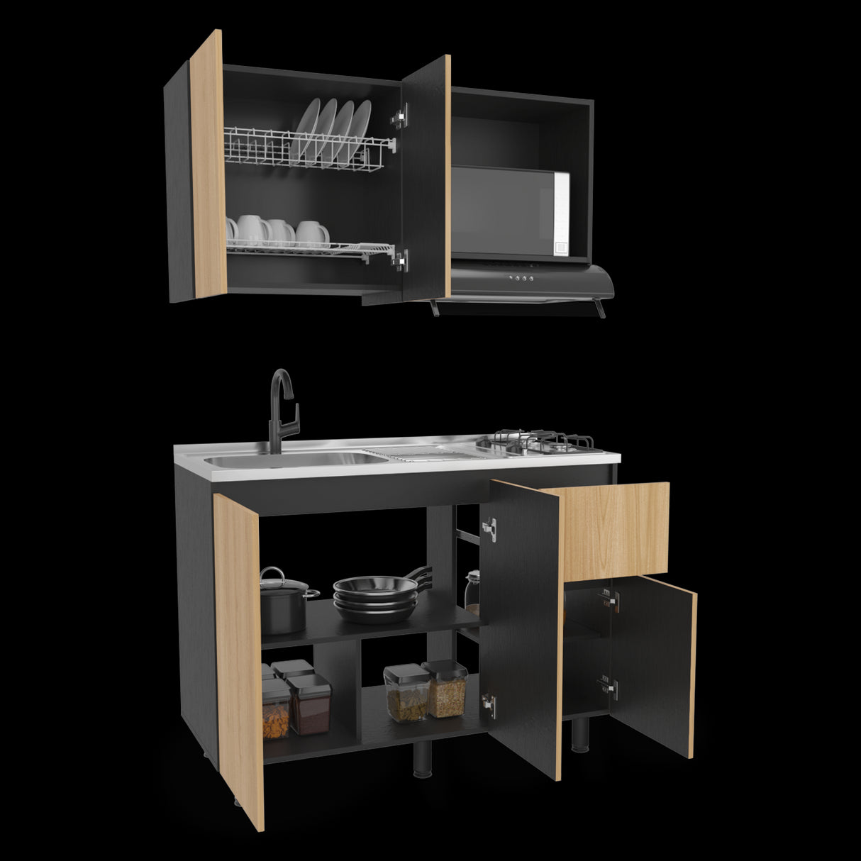 Cocina Express Wengue y Fresno Europeo 120x60cm con Mesón de Acero Inoxidable para Lado Izquierdo y con Estufa - COCINAS | Bylmo
