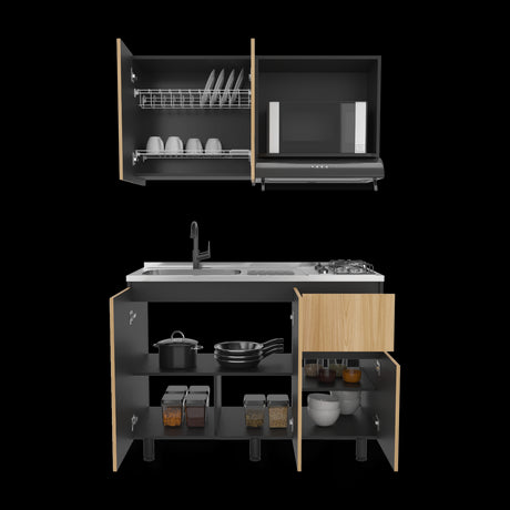 Cocina Express Wengue y Fresno Europeo 120x60cm con Mesón de Acero Inoxidable para Lado Izquierdo y con Estufa - COCINAS | Bylmo