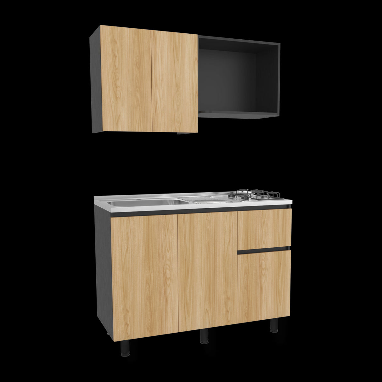 Cocina Express Wengue y Fresno Europeo 120x60cm con Mesón de Acero Inoxidable para Lado Izquierdo y con Estufa - COCINAS | Bylmo