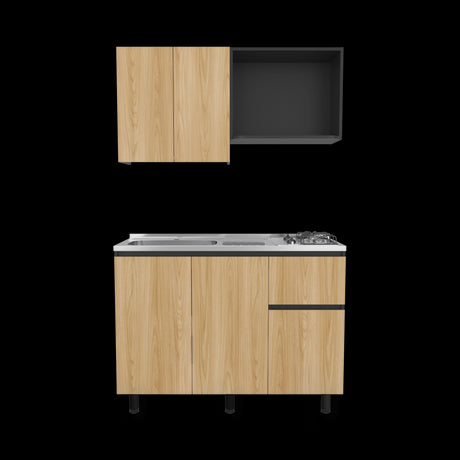 Cocina Express Wengue y Fresno Europeo 120x60cm con Mesón de Acero Inoxidable para Lado Izquierdo y con Estufa - COCINAS | Bylmo