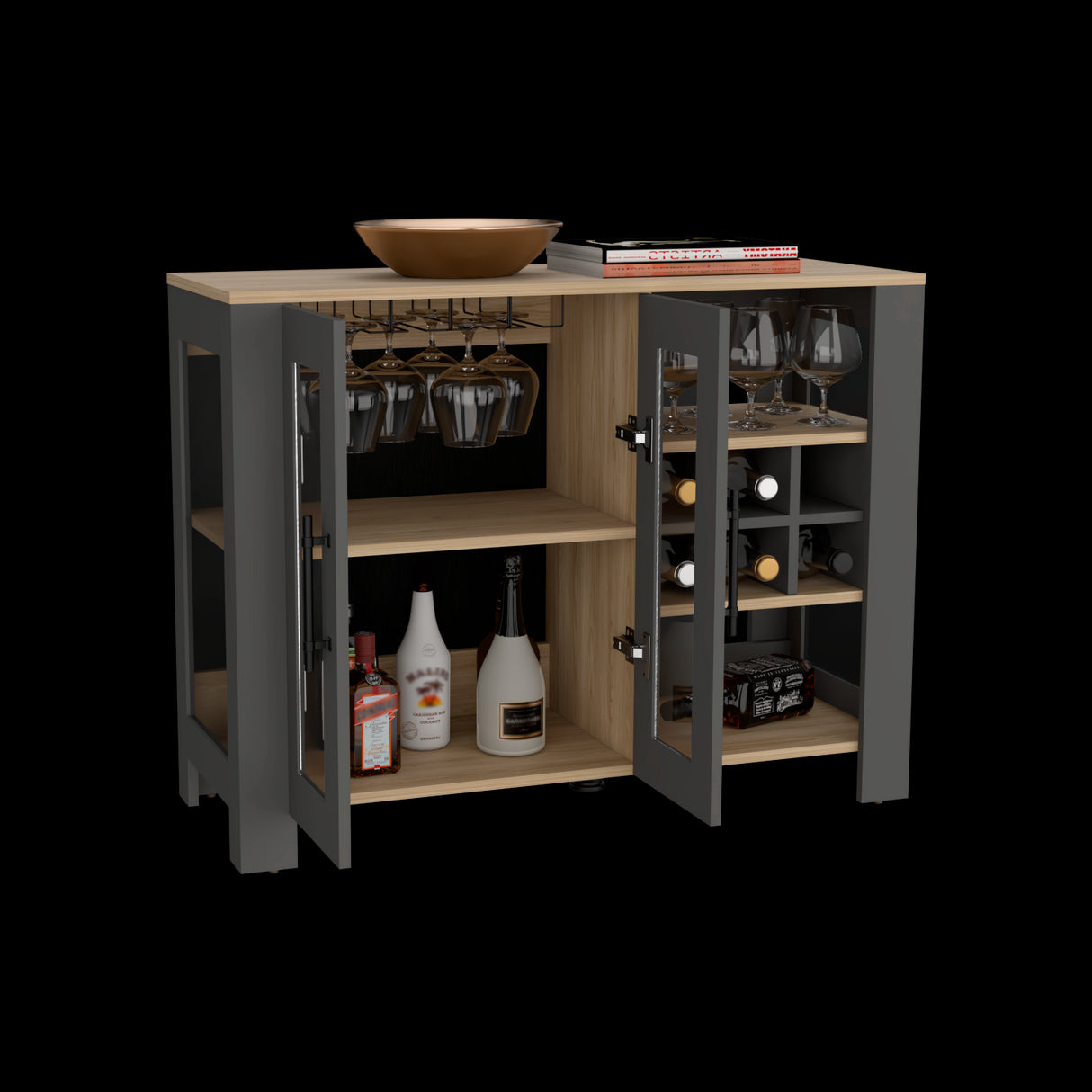Bar Bajo Berkley Plomo y Fresno Europeo 100x77cm con Ocho Portacopas y Seis Portabotellas - BARES | Bylmo