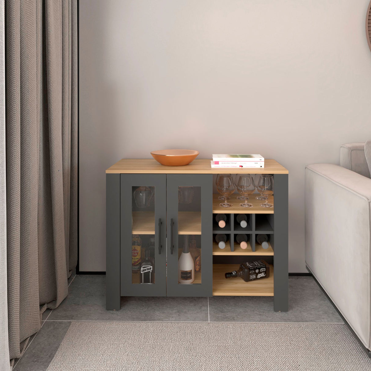 Bar Bajo Berkley Plomo y Fresno Europeo 100x77cm con Ocho Portacopas y Seis Portabotellas - BARES | Bylmo