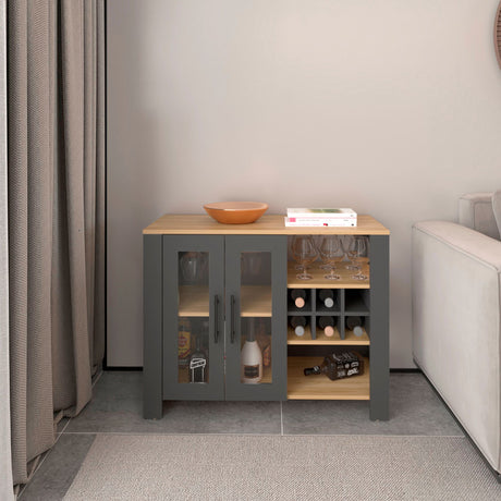 Bar Bajo Berkley Plomo y Fresno Europeo 100x77cm con Ocho Portacopas y Seis Portabotellas - BARES | Bylmo