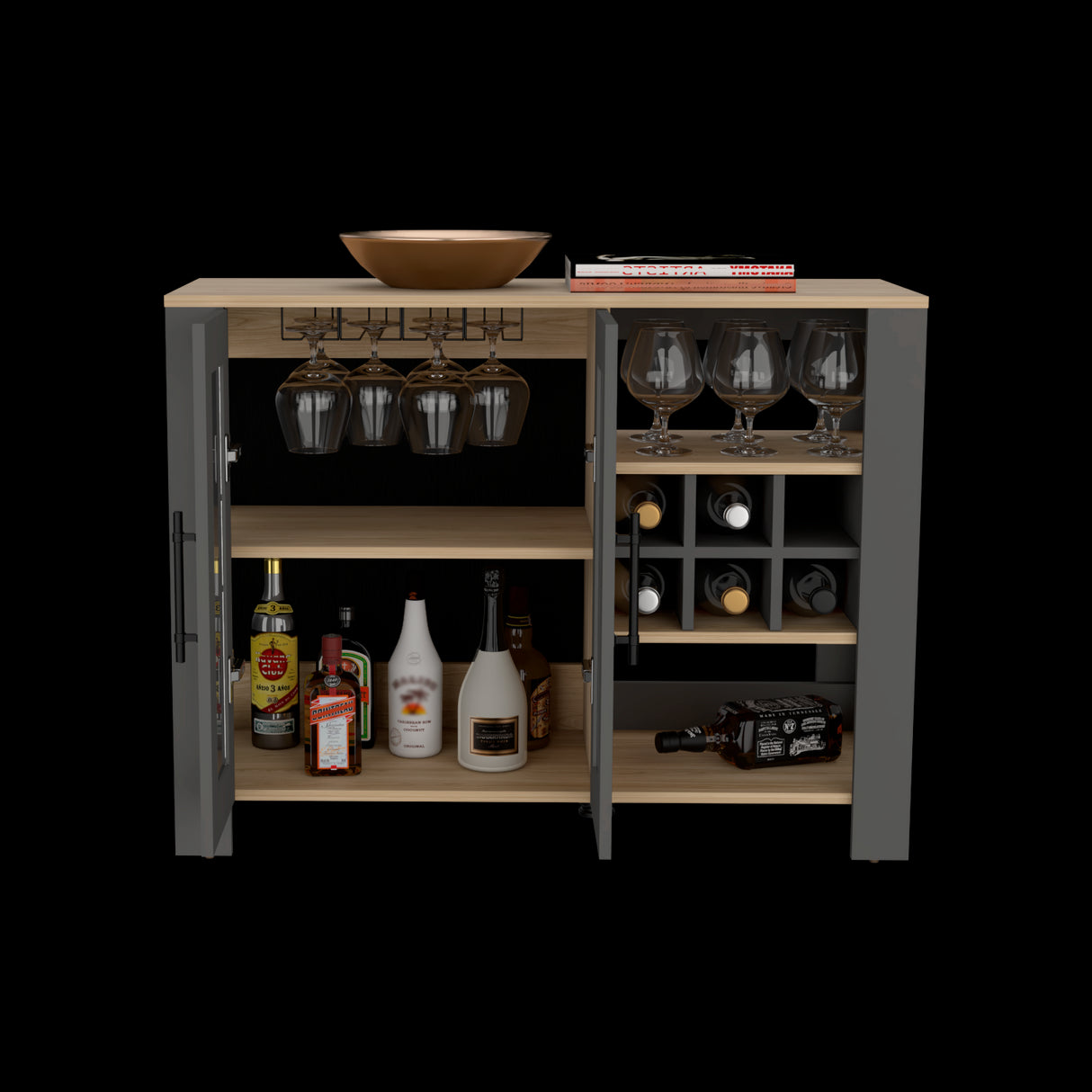Bar Bajo Berkley Plomo y Fresno Europeo 100x77cm con Ocho Portacopas y Seis Portabotellas - BARES | Bylmo