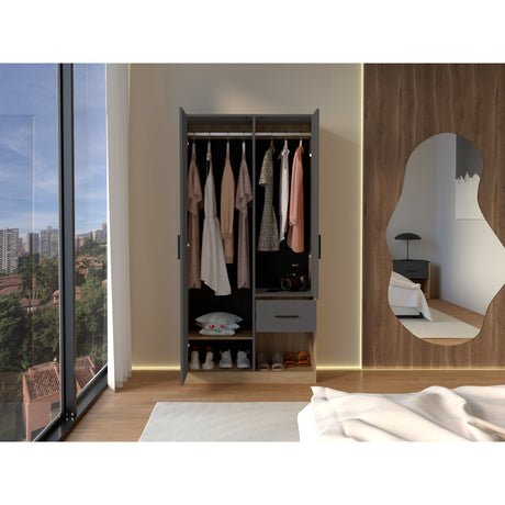 Closet Girona Plomo y Fresno Europeo 180x48.8cm con Un Cajón con Dos Entrepaños y con Seis Compartimiento - CLOSETS | Bylmo
