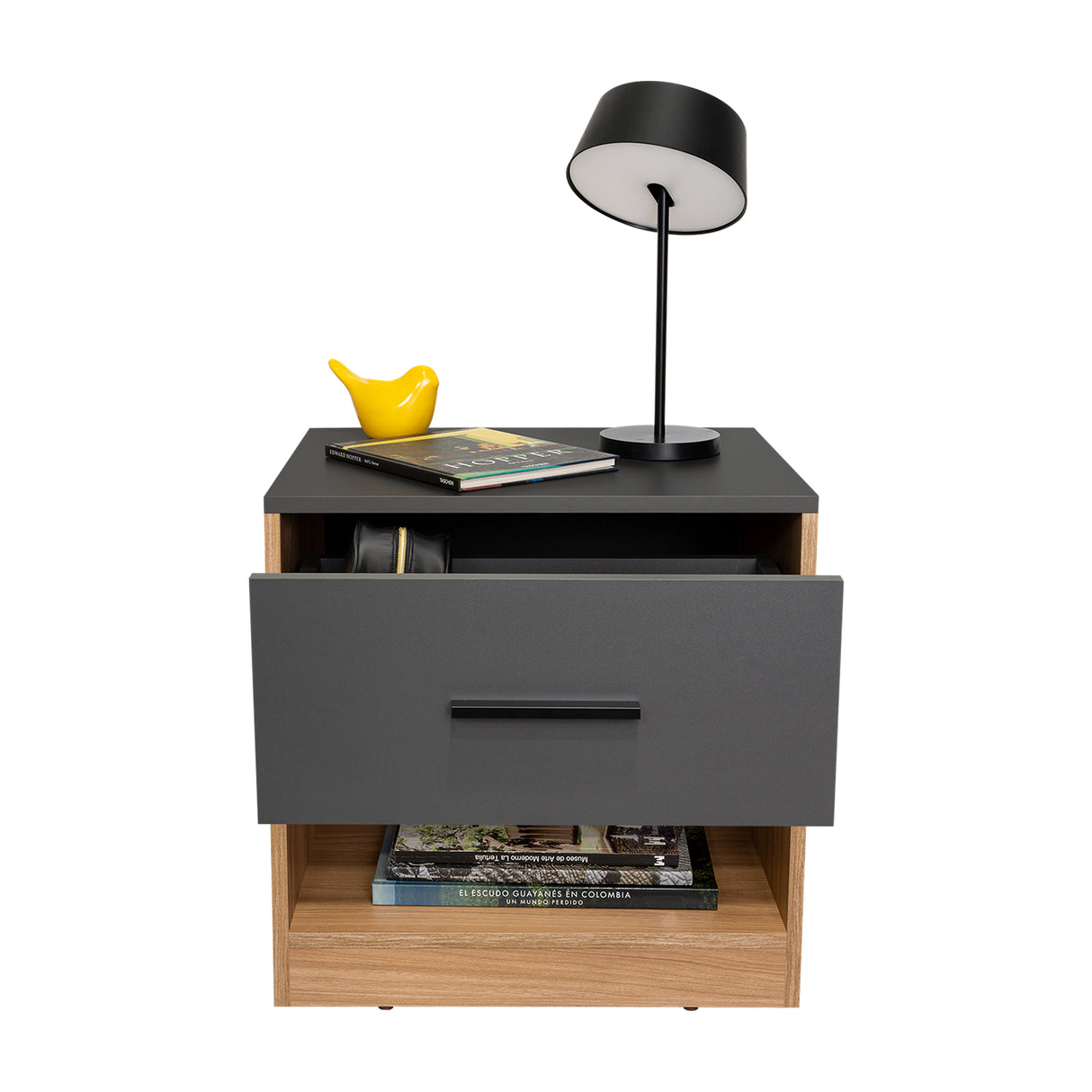 Mesa de Noche Girona Plomo y Fresno Europeo 50x40.3cm con Dos Compartimientos - MESAS DE NOCHE | Bylmo