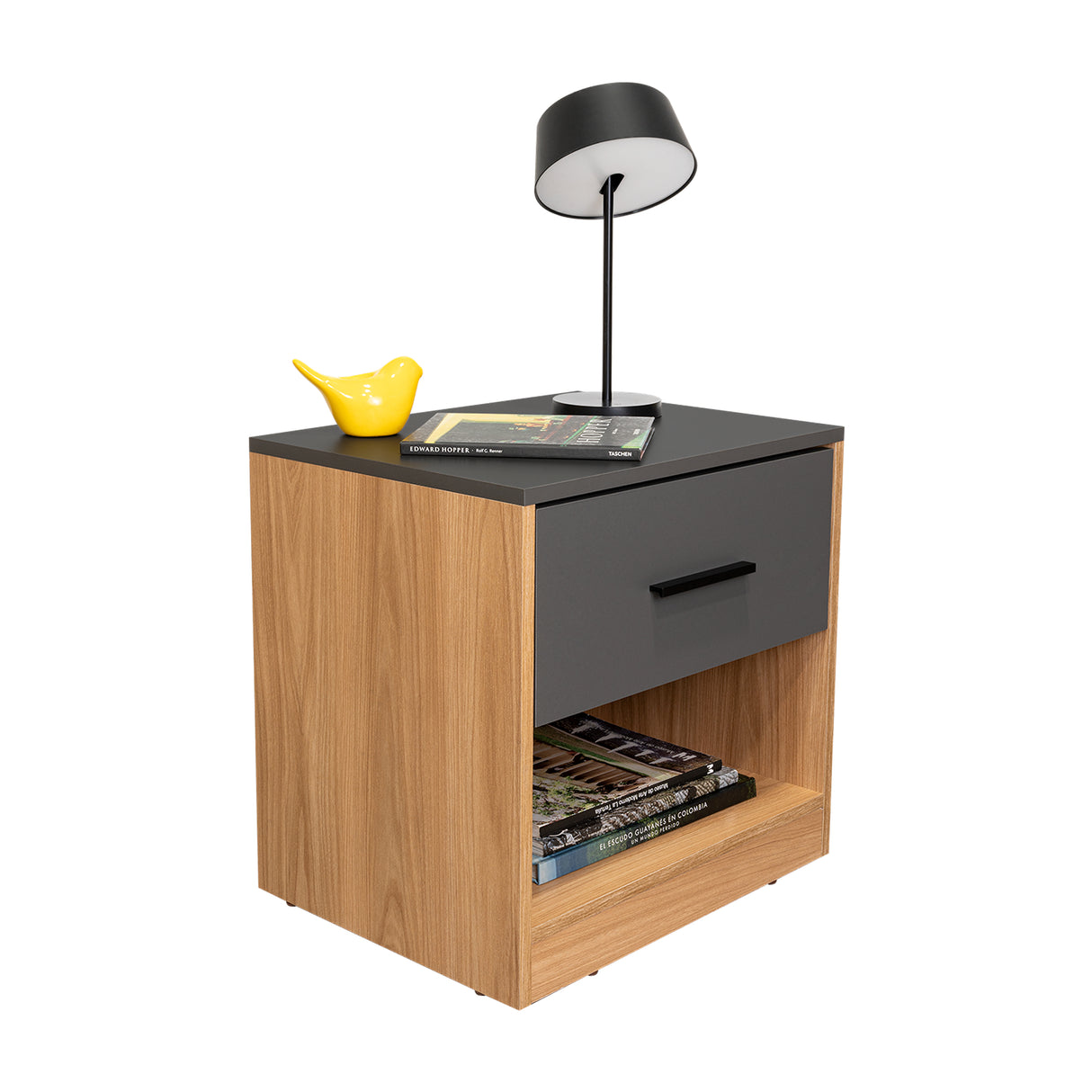 Mesa de Noche Girona Plomo y Fresno Europeo 50x40.3cm con Dos Compartimientos - MESAS DE NOCHE | Bylmo